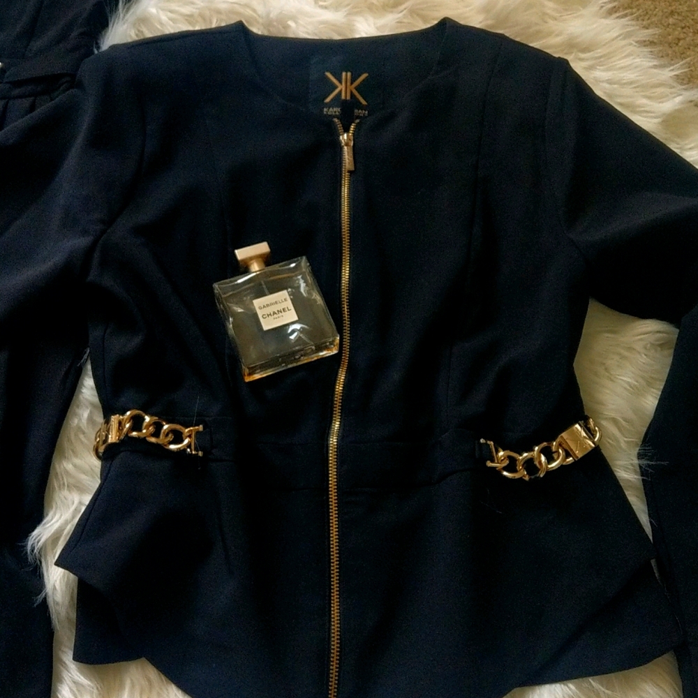 Kardashian Kollection Black Zip Peplum Blazer with Gold Chain Detail